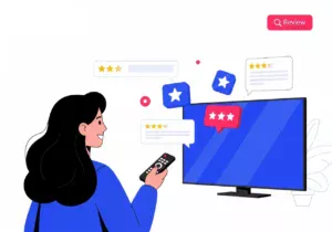 Krooz TV Review illustration showing a happy user giving a 5-star rating while watching IPTV